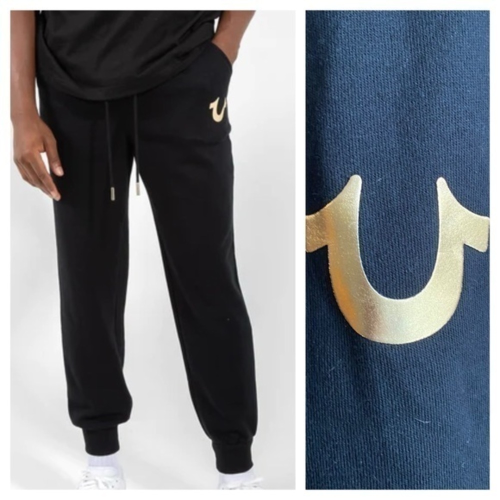 True Religion Black Metallic Gold Horseshoe Jogger Sweatpants Small